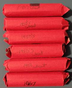 lot 203 image: LOT OF 6 ROLLS OF WHEAT PENNIES AS SHOWN. (1) 1930S, (4) 1950S AND (1) 1967. (YOUR BID X 6)