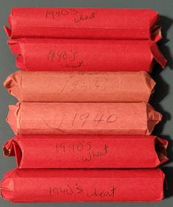 lot 204 image: LOT OF 6 ROLLS OF 1940S WHEAT PENNIES AS SHOWN. (YOUR BID X 6)