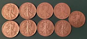 lot 207 image: LOT OF 9 SILVER WALKING LIBERTY HALF DOLLAR COINS AS SHOWN. (YOUR BID X 9)