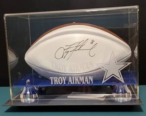 lot 217 image: WILSON FULL SIZE FOOTBALL SIGNED BY FORMER DALLAS COWBOYS TROY AIKMAN #8 IN SPECIAL ACRYLIC DISPLAY BOX AS SHOWN.