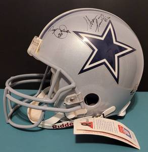 lot 219 image: RIDDELL FULL SIZE DALLAS COWBOYS HELMET SIGNED BY FORMER PLAYERS INCLUDING TROY AIKMAN #8, DARREN WOODSON #28, DARYL MOOSE JOHNSTON #48, AND MORE AS SHOWN.