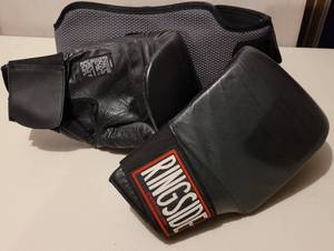 lot 240 image: BOXING SPARRING GLOVES AND EXERCISE BELT AS SHOWN.