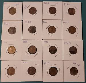 lot 274 image: LOT OF 16 PENNIES FROM THE 1910S AND 1920S AS SHOWN.