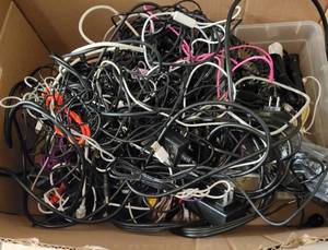 lot 293 image: BOX LOT OF ASSORTED POWER CORDS AND CABLES AS SHOWN.