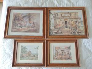 lot 25 image: 4 farm house art pieces- Mikes garage 17x14, Trading past 14x17, Second hand 19x23 and Antiques 19x23