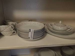 lot 50 image: Sunny vale china set- 8 tea cups, 8 saucers, 8 salad bowls, 1 gravy boat, covered soup terrine, large salad bowl, large serving platter, 8 bread plates,8 dessert bowls