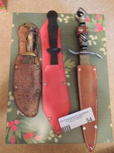 lot 54 image: KorKon black forrest knife from Germany in leather holder 7 blade Eagle head knife 4 blade Black 6 blade in red case