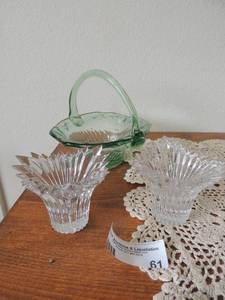 lot 61 image: 2 Crystal bowlsvotive holders and  green glass basket