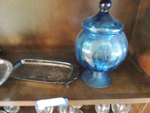 lot 91 image: Cobalt blue covered dish 7 silver plate blue wax flowers