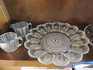 lot 94 image: hot tea glasses, chip and dip crystal platter and bubbled deviled egg dish
