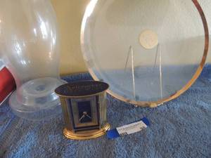 lot 98 image: Glass plate Gold trophy on stand for display, Nutcracker golf course Linden desk clock and  hurricane  candle holder