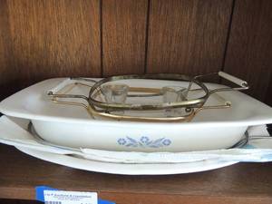 lot 117 image: 2 qt. Corning Ware Blue Floral CASSEROLE  &  2 with stands