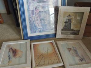 lot 69 image: Art lot- Light house 13x11, two shell by Barbara Fleri 12x10, Wheat 11x9, light house birds 24x19, floral 22x18