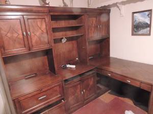 lot 7 image: 4 piece base on corner desk 3 top compartments shelving cabinet space 76.75 height each upper 30 wide x 30 depth total front to back 70 height 30 inlayed 2 locked drawers with keys