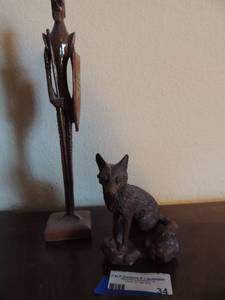 lot 34 image: Hand crafted Red Mill Mahogony  wooden Wolf 5x4  Wooden man 13 tall