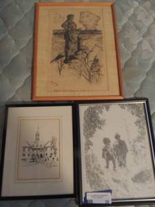 lot 36 image: art lot- boy and girl 9x9, Church 10x8, Lewis Gilnorse 14x11