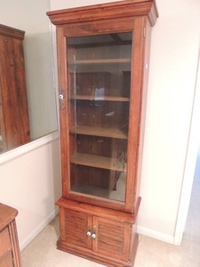 lot 8 image: Lighted Curio Cabinet open glass door 2 small double doors at bottom has key to lock 79.75x23.75x13