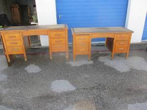 lot 78 image: 2-Vintage Wooden Desk. Ready to refurbished or used as shop desk  tables, Tops are about 60 Wide x 24 Deep
