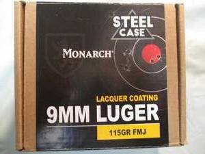 lot 55 image: 200-Rounds Of - Monarch 9-MM LUGER, Lacquer coated, Steel Case, 115-Grain, FMJ Cartridges