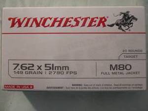 lot 44 image: 20 Round Box Of  Winchester USA, 7.62 X 51, 149 Grain,M80,  FMJ. Ammunition