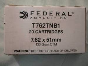 lot 54 image: 20 Round Box Of Federal 7.62 x 51mm, 130-Grain, OTM, FMJ Cartridges, #T762TNB1