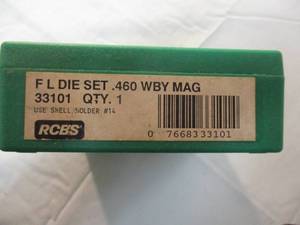 lot 68 image: RCBS-OMARK INDUSTRIES 460 WBY-Mag F L 2-pc. Die Set, #33101- Reloading Equipment
