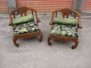 lot 11 image: 2-Vintage Oriental Style, Cushion Seat, Arm Chairs With Cushion Pillows