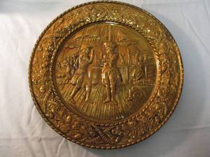 lot 16 image: Vintage Gold Tone, Embossed Ship Scene, Metal Wall Plate, Made In England