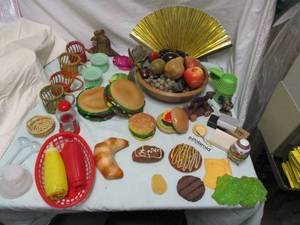 lot 108 image: Fun Lot... Fake food, small baskets and boxes, Folding Hand Fan And Extras