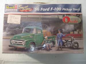 lot 135 image: Revell Monogram Special Edition 56 Ford F-100 Pickup Truck 148, Model Car Kit # 85-2978, With Driver, Officer, Motorcycle, Barrels And Tools