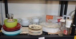 lot 22 image: White Serving Dishes, Plate Sets, Cookie Press, Large Grater, see pictures