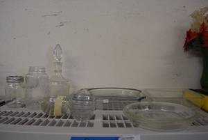 lot 28 image: Pie Plates, Bakeware, Glass Mixing Bowl Set, Decanter