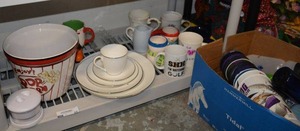 lot 32 image: Large Ceramic Popcorn Bowl,  China Place Setting for One, Mugs and Plastic Cups