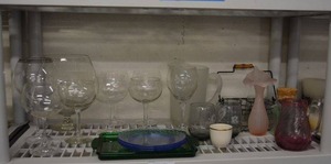 lot 34 image: Wire Drink Carrier,  Blue Plates, Small Green Platter, Glass Pitcher, Large Wine Goblets, see pictures