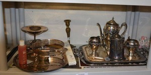lot 35 image: Silver Plated Serving Dishes, Tea Kettle needs Fixing