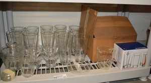 lot 37 image: Tumbler Set, Vodka Shot Glasses, Punch Cups, Fire King Measuring Cup and More