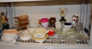 lot 40 image: Vision, Fire King and Pyrex Dishes, Small Corning Ware and Refrigerator Dishes and More