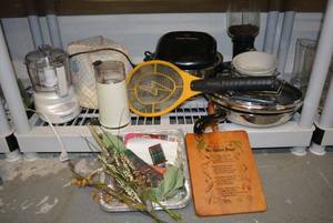 lot 42 image: Mini Cuisinart Food Processor, Toaster, Coffee Grinder, Bug Zapper Racket, Pans as shown