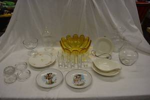 lot 204 image: Yellow Glass Bowl, Souvenir and Serving Plates, Vases and Shot Glasses