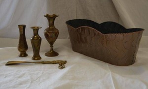 lot 180 image: Solid Brass Vases , Brass Shoe Horn and Aluminum Bin