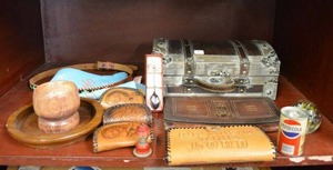 lot 194 image: Leather Engraved Wallets, Wooden Box with Ties, Pepsi Can Lighter Holder