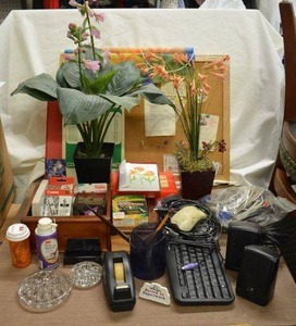 lot 193 image: Office Lot, Desk Plants, Keyboard, 3M Dust Remover, tape dispenser and more
