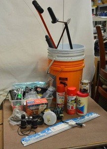 lot 232 image: Hardware Lot Misc. tools, 9-Range Battery Tester, Paint cans, Outdoor Light, Wide Blade Drywall Knife, PecanNut Picker Upper