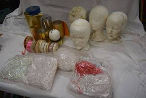 lot 219 image: Styrofoam Heads, Decorative Ribbon and Paper fill, large rolls of embossing foil