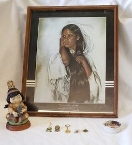 lot 131 image: Native American Lot Signed Print, Figurine and Pins