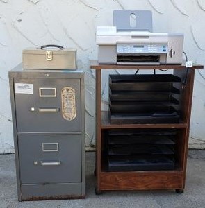 lot 123 image: Hon 2-Drawer Metal File Cabinet, Rolling Cart, Lexmark Scanner Model 4425-001, and Metal Cash Box