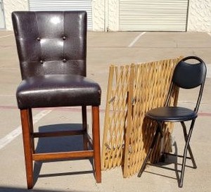 lot 127 image: Padded Brown Bar Height Chair, Seating Essentials Folding Chair (tag shows dimensions), and Wooden Expanding gate