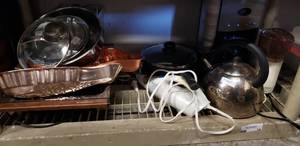 lot 14 image: Hamilton Beach Slicer, Gevalia Coffee Maker, Cooking Pans, Sunbeam Grinder and Stainless Tea Kettle