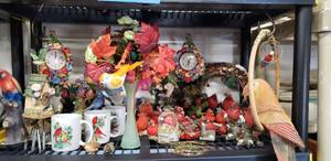 lot 16 image: Lots of Cardinal and Bird Knick Knacks, Mugs, Wind Chime and Clocks