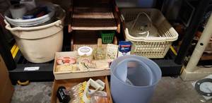 lot 19 image: Bathroom Items, Wicker and Wood File Holder, Light Bulbs, Plastic Bucket and Bins
